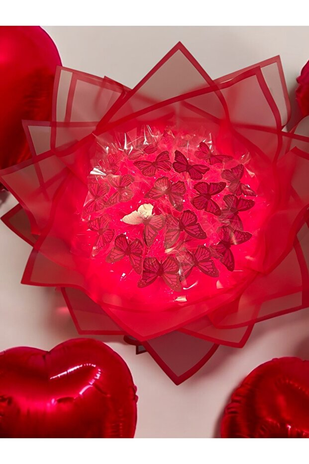 Led Işıklı Kırmızı Kelebek Buketi 20 Adet Kelebek